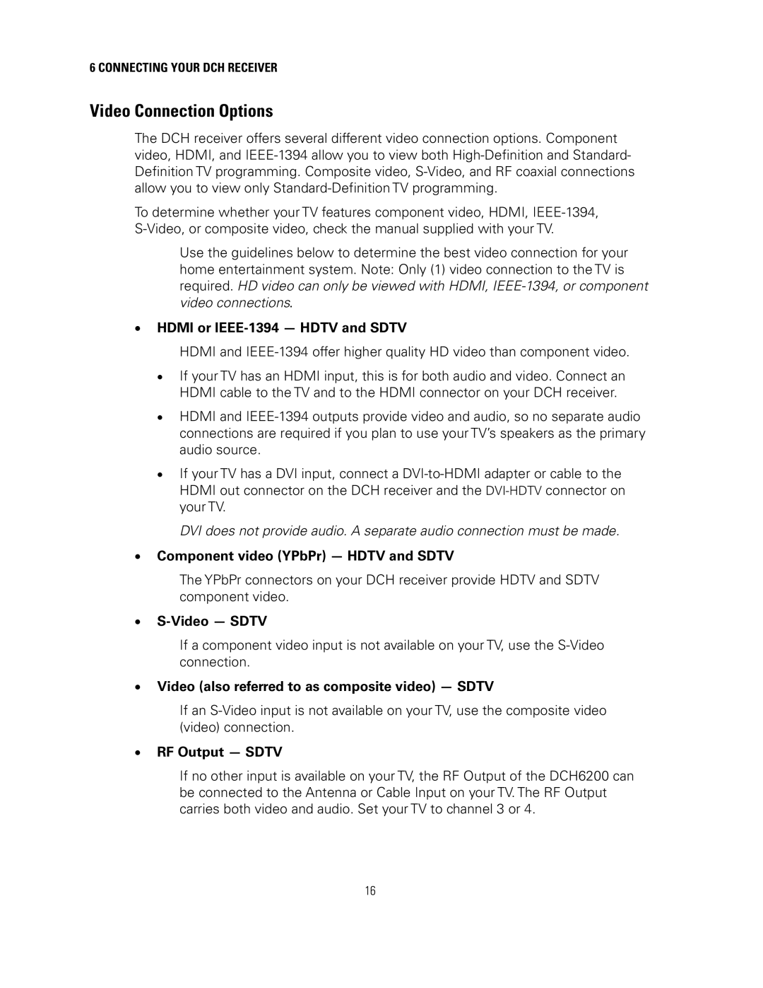 Motorola DCH6200 operation manual Video Connection Options, Hdmi or IEEE-1394 Hdtv and Sdtv 