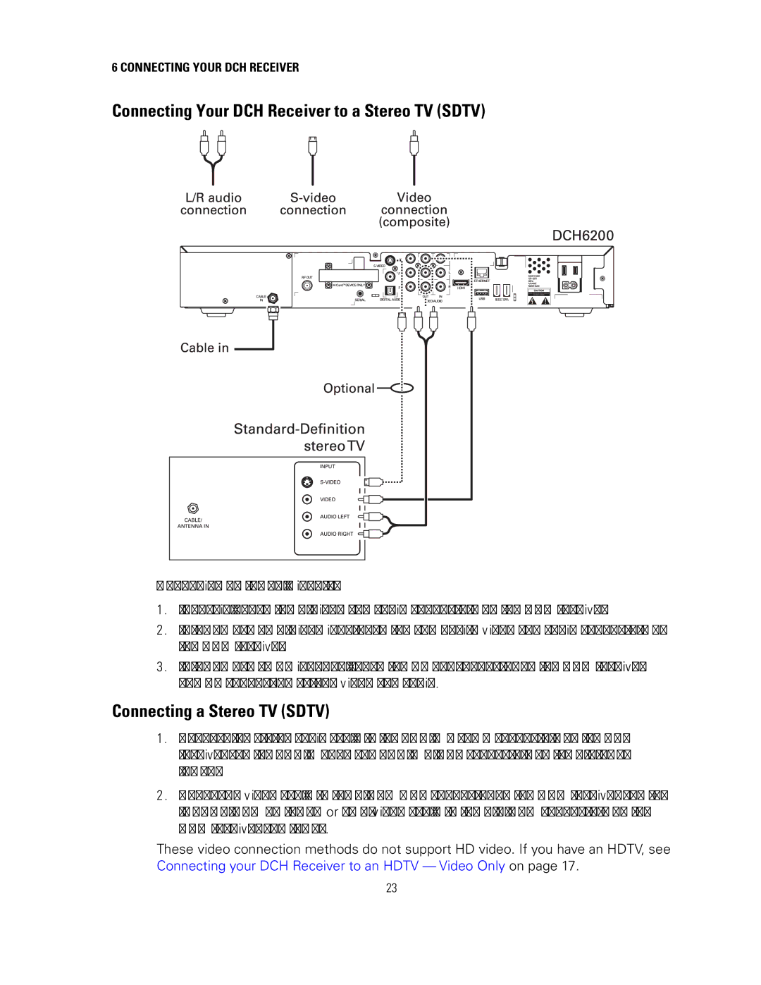 Motorola DCH6200 operation manual Connecting Your DCH Receiver to a Stereo TV Sdtv, Connecting a Stereo TV Sdtv 