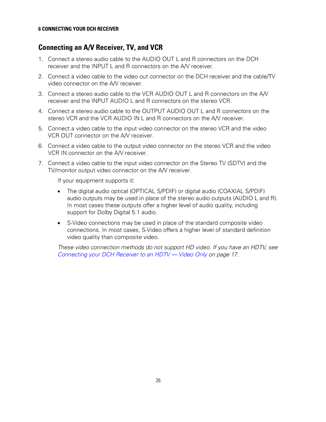 Motorola DCH6200 operation manual Connecting an A/V Receiver, TV, and VCR 