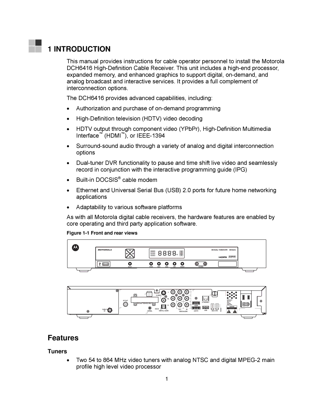 Motorola DCH6416 installation manual Features, Tuners 