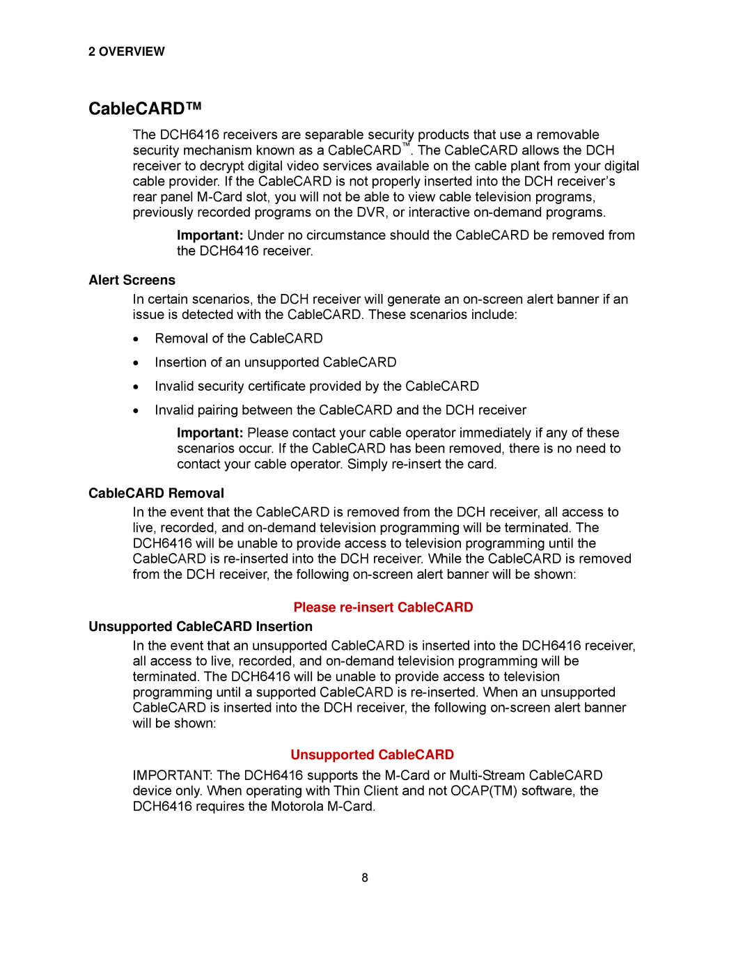 Motorola DCH6416 installation manual Alert Screens, CableCARD Removal, Unsupported CableCARD Insertion 