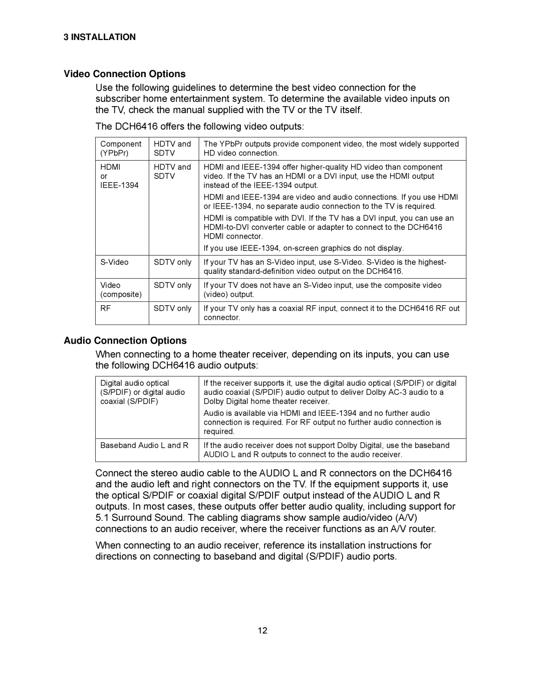 Motorola DCH6416 installation manual Video Connection Options, Audio Connection Options, Sdtv, Hdmi 