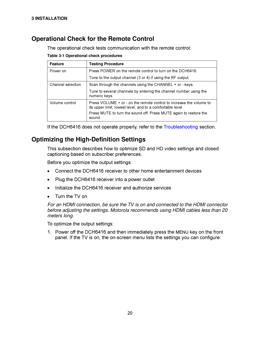 Motorola DCH6416 installation manual Operational Check for the Remote Control, Optimizing the High-Definition Settings 