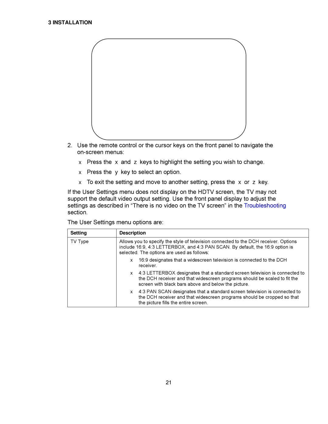 Motorola DCH6416 installation manual Setting, Description 