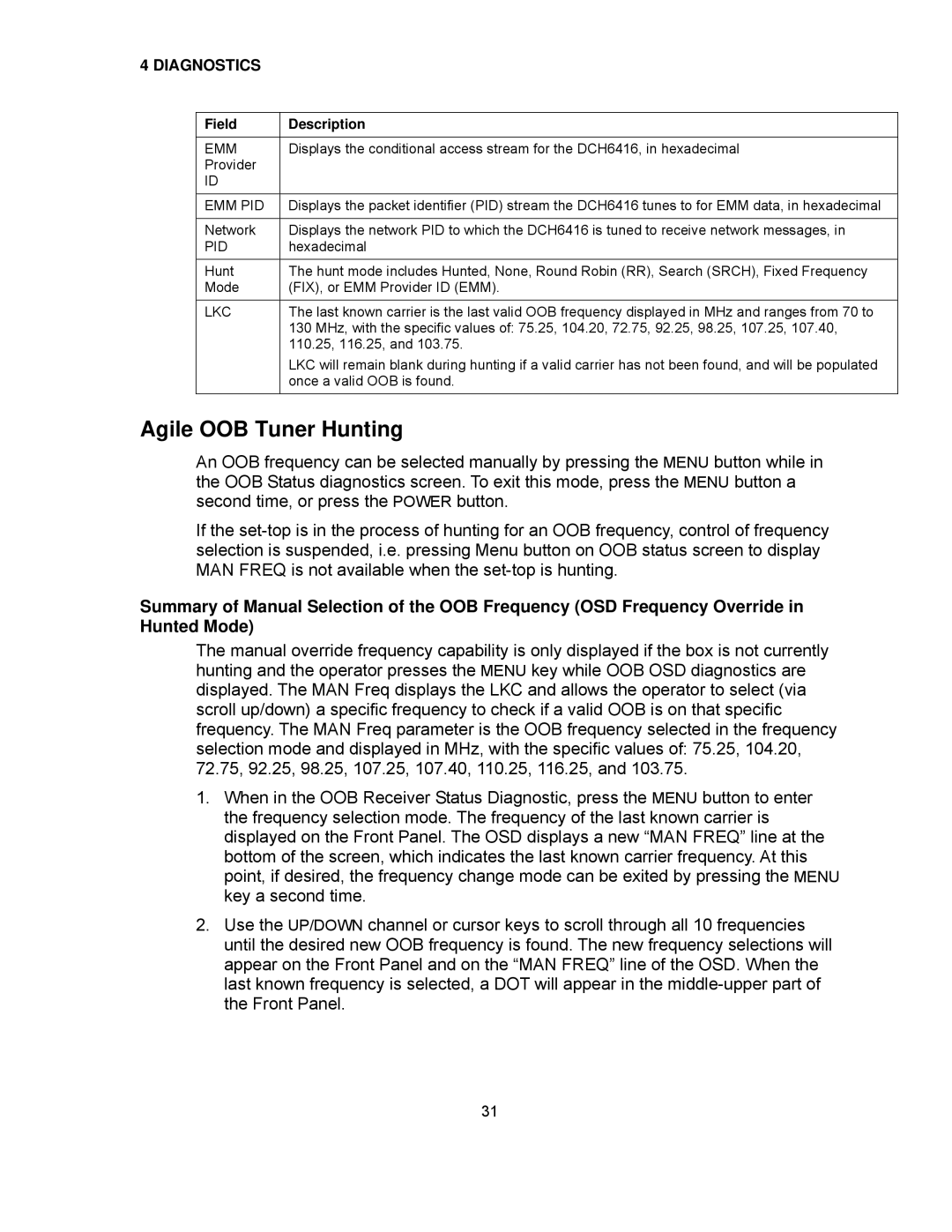 Motorola DCH6416 installation manual Agile OOB Tuner Hunting, Emm Pid, Lkc 