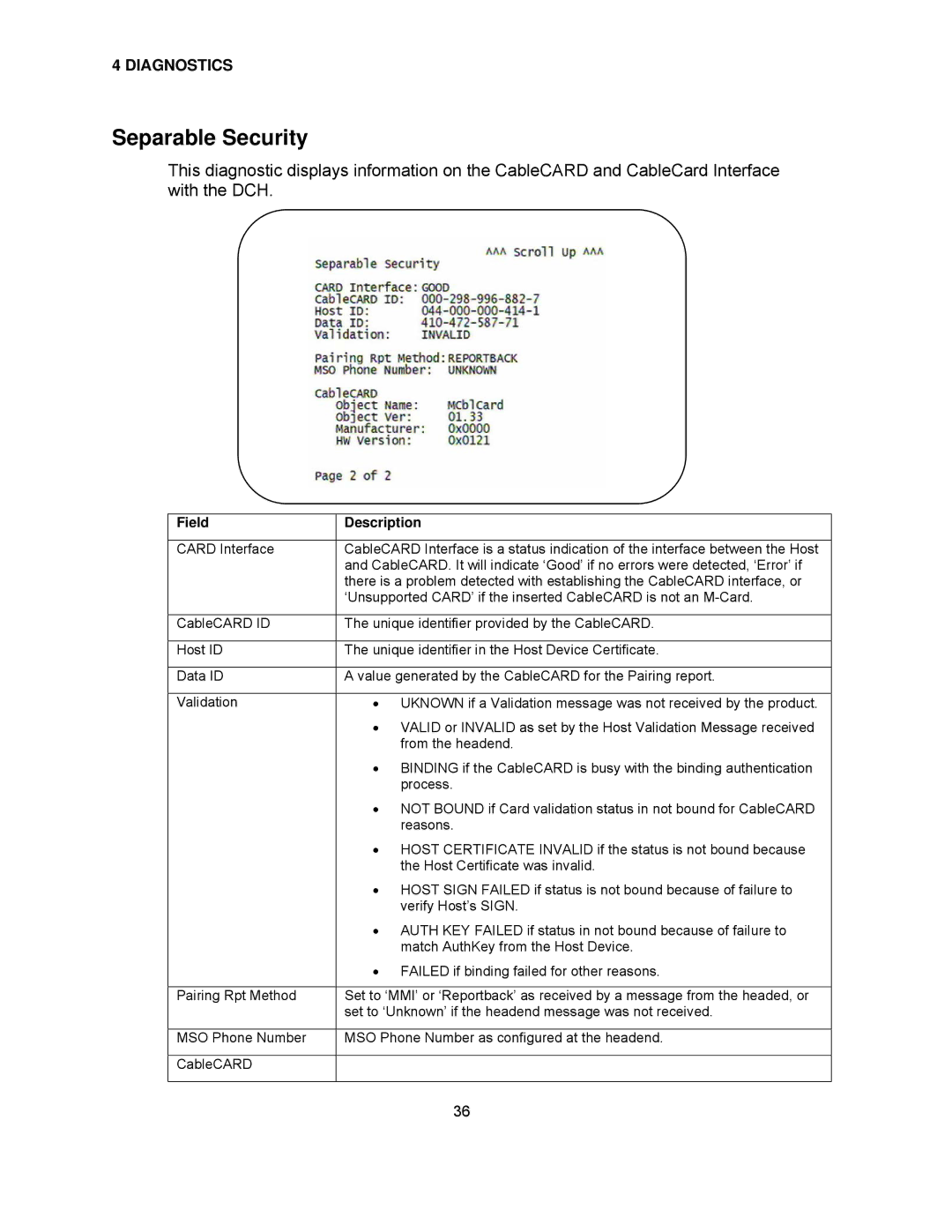 Motorola DCH6416 installation manual Separable Security, Field Description 