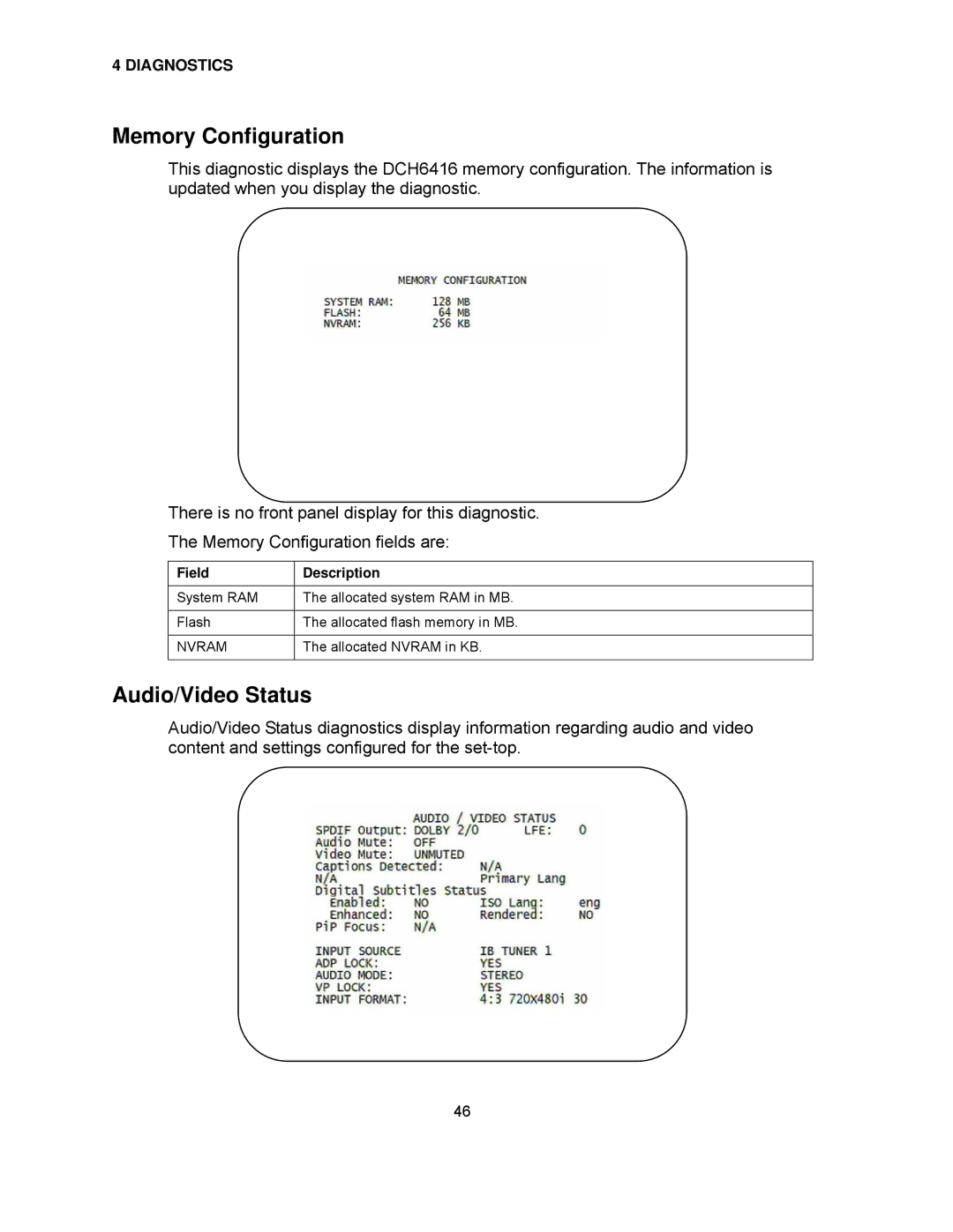 Motorola DCH6416 installation manual Memory Configuration, Audio/Video Status, Nvram 