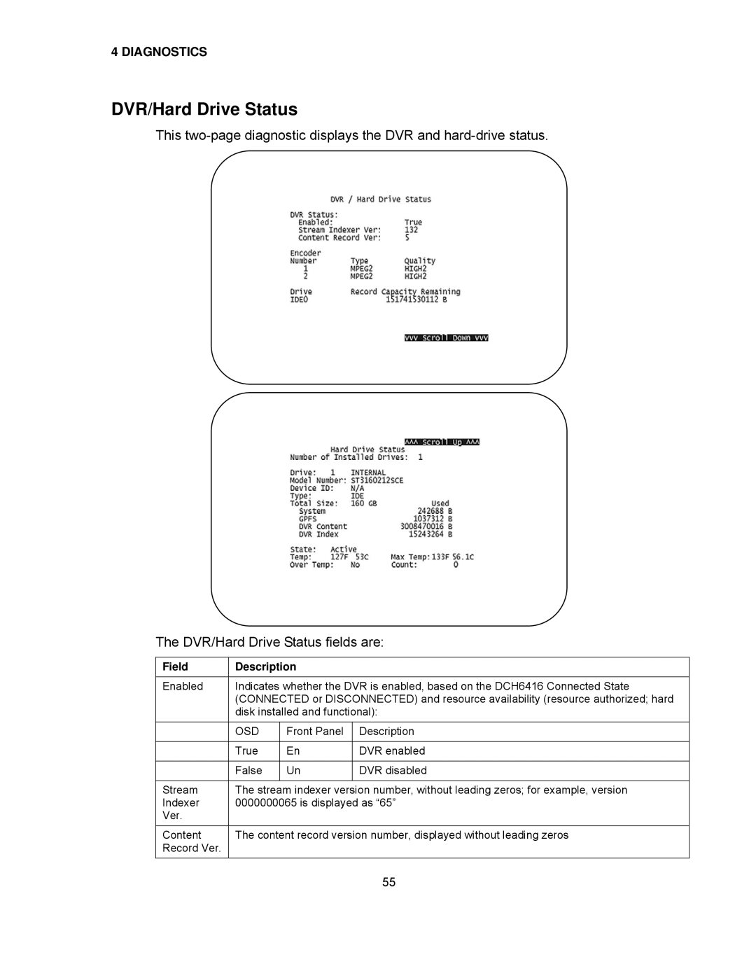 Motorola DCH6416 installation manual DVR/Hard Drive Status, Field Description 