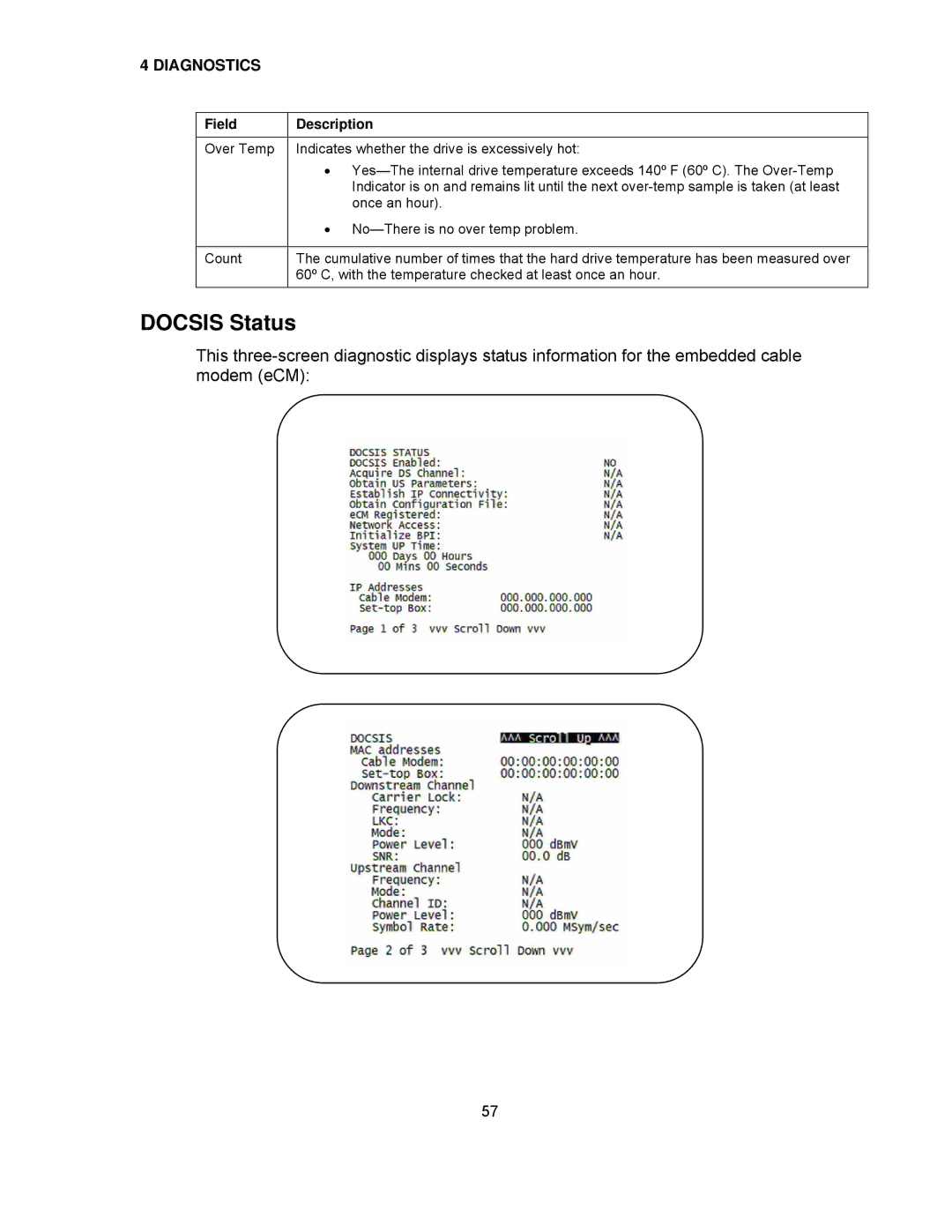 Motorola DCH6416 installation manual Docsis Status 