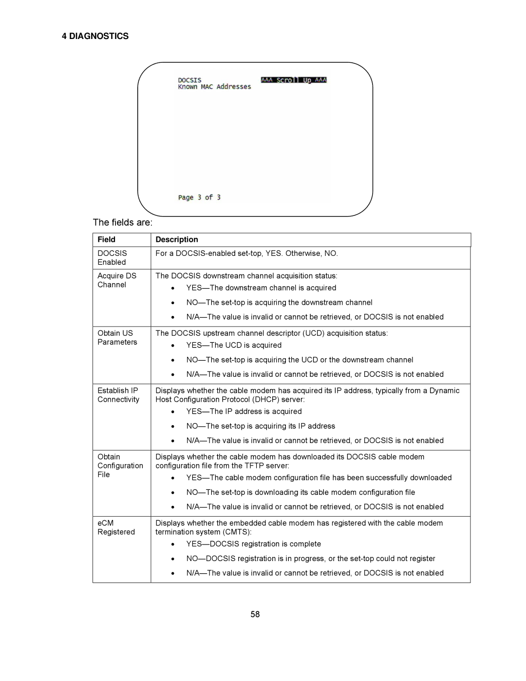 Motorola DCH6416 installation manual Fields are, Docsis 