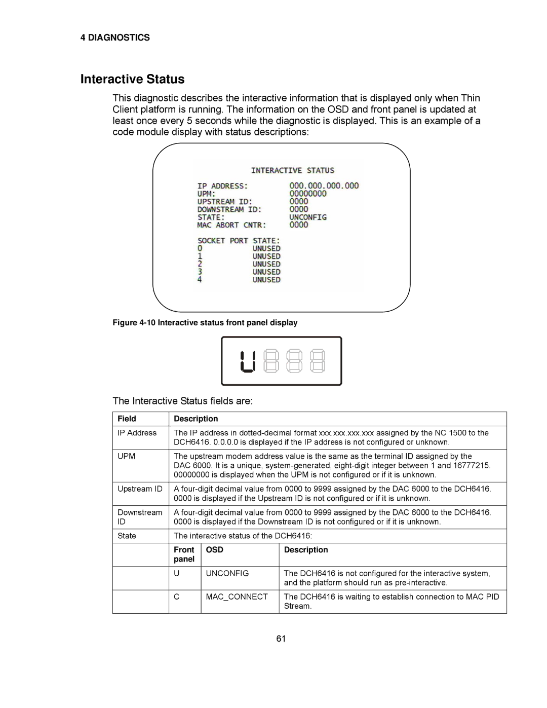 Motorola DCH6416 installation manual Interactive Status fields are, Front, Panel 