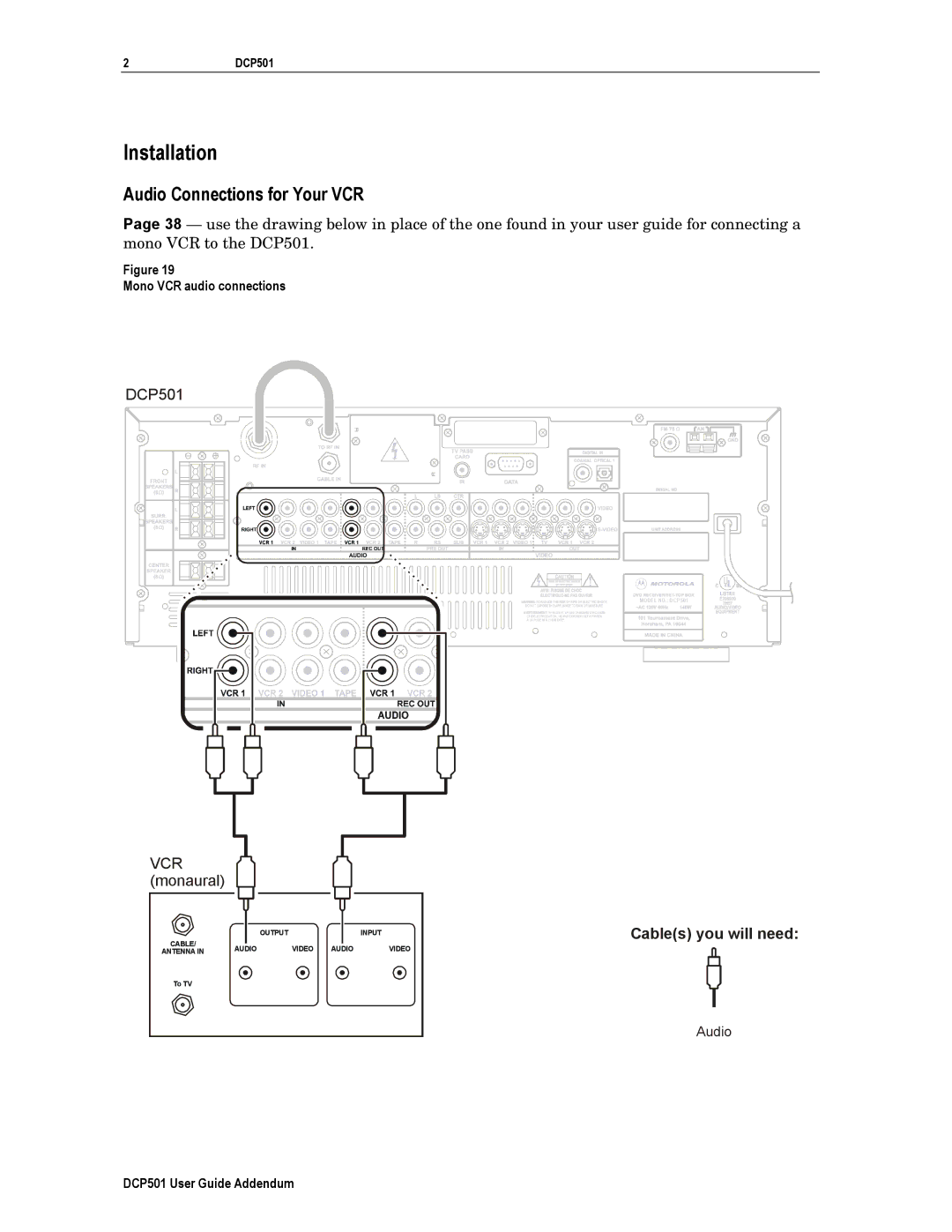 Motorola DCP501 manual Installation, Audio Connections for Your VCR, Mono VCR audio connections 