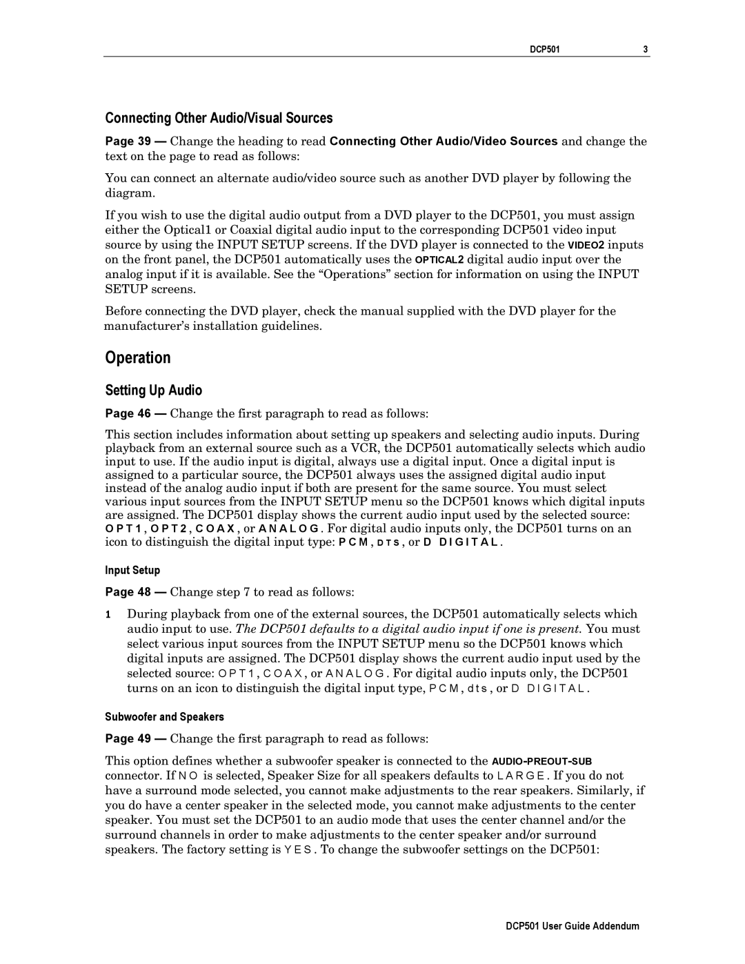 Motorola DCP501 Operation, Connecting Other Audio/Visual Sources, Setting Up Audio, Input Setup, Subwoofer and Speakers 