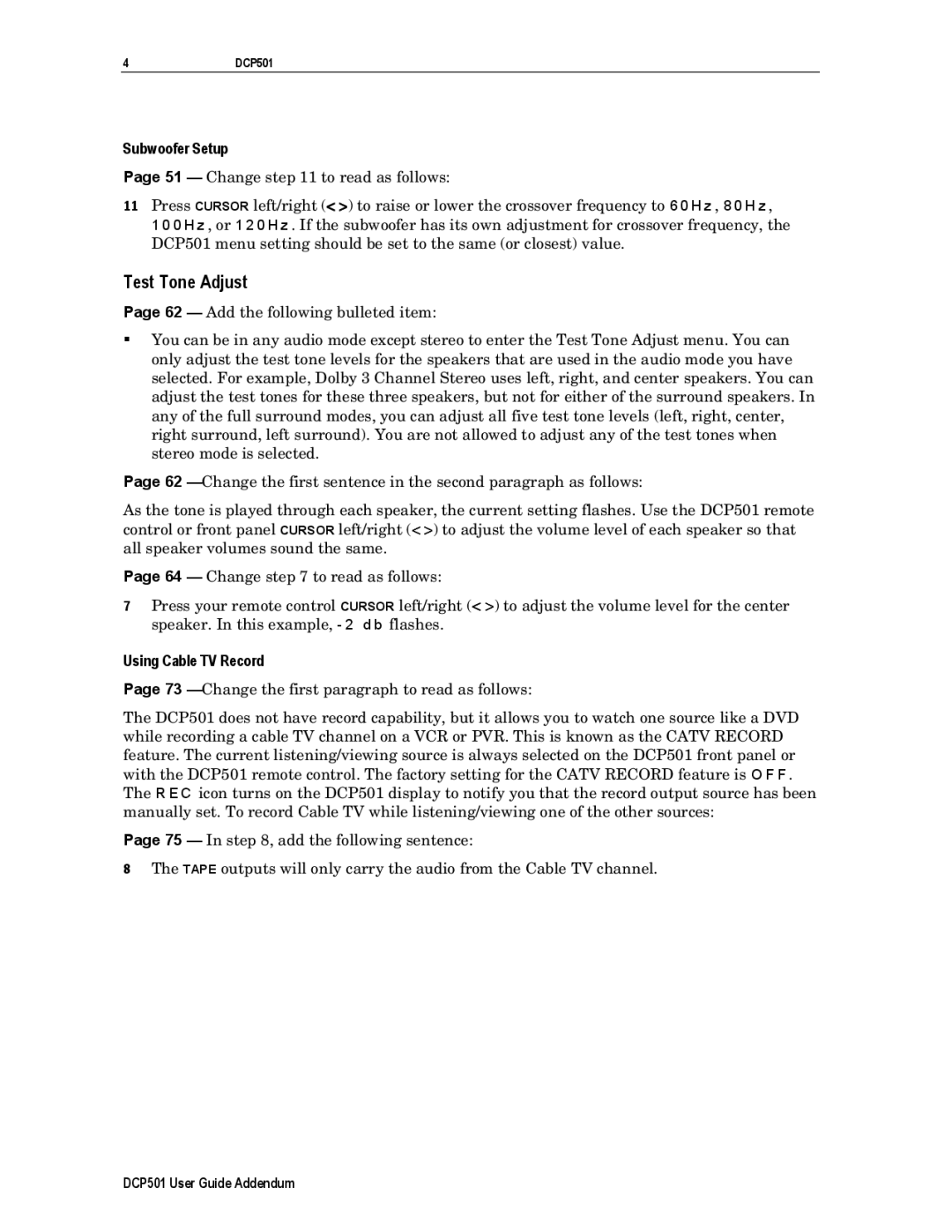 Motorola DCP501 manual Test Tone Adjust, Subwoofer Setup, Using Cable TV Record 