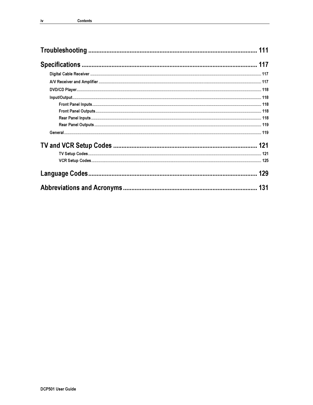 Motorola DCP501 manual Troubleshooting, Specifications, TV and VCR Setup Codes, Language Codes, Abbreviations and Acronyms 