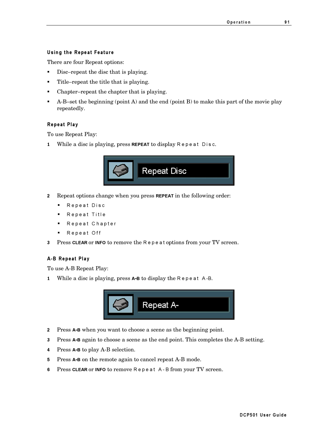 Motorola DCP501 manual Using the Repeat Feature, Repeat Play 