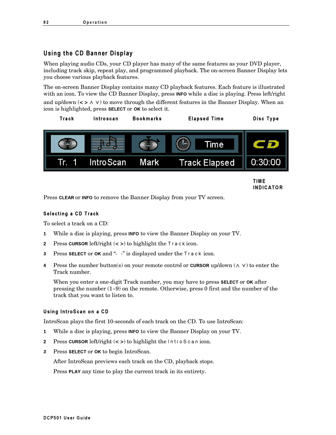 Motorola DCP501 manual Using the CD Banner Display, Track Introscan Bookmarks Elapsed Time Disc Type, Selecting a CD Track 