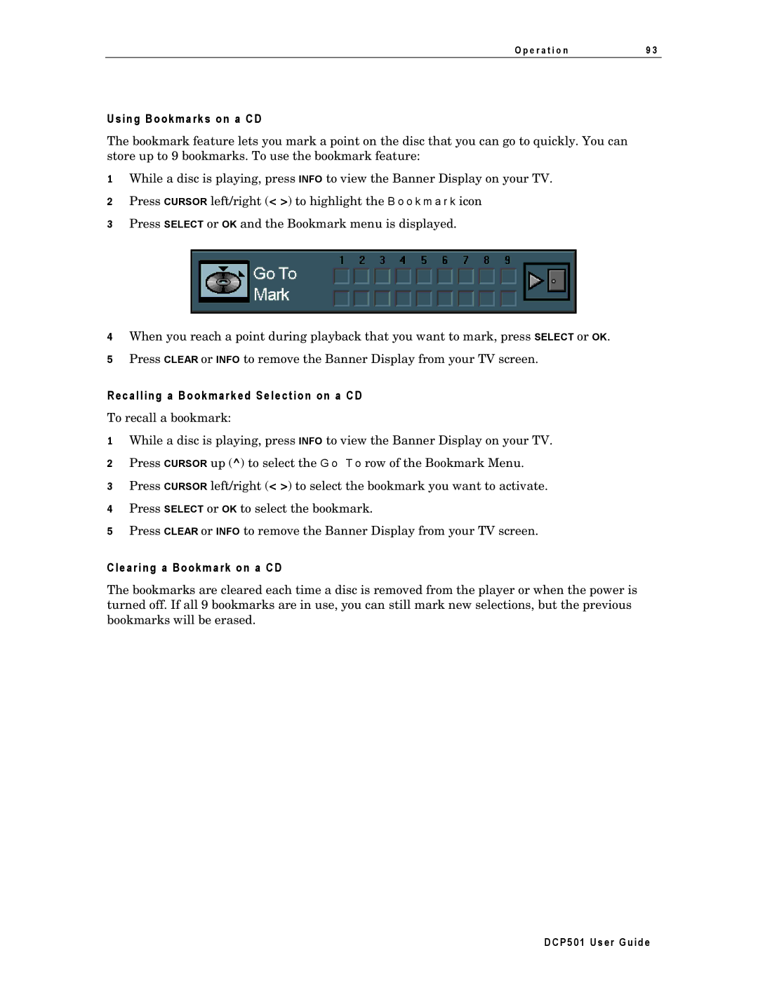 Motorola DCP501 manual Using Bookmarks on a CD, Recalling a Bookmarked Selection on a CD, Clearing a Bookmark on a CD 