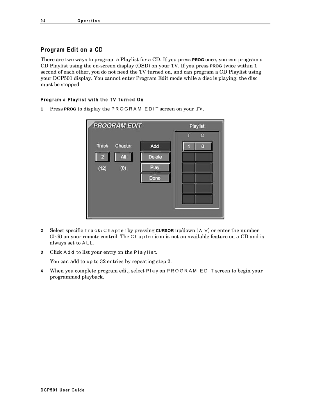 Motorola DCP501 manual Program Edit on a CD, Program a Playlist with the TV Turned On 