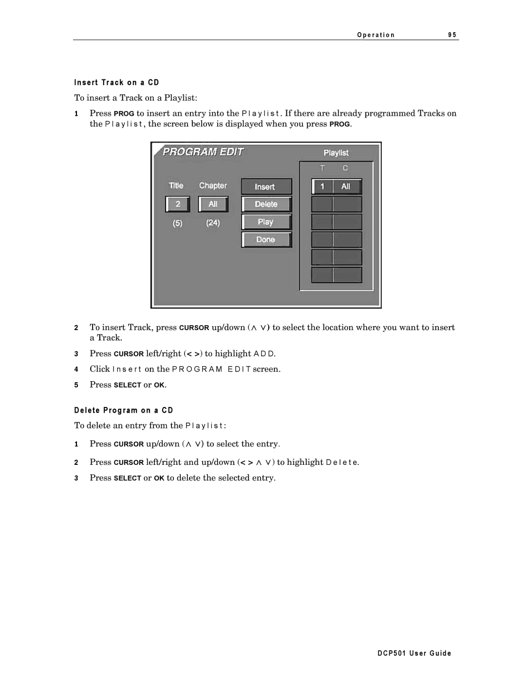 Motorola DCP501 manual Insert Track on a CD, Delete Program on a CD 