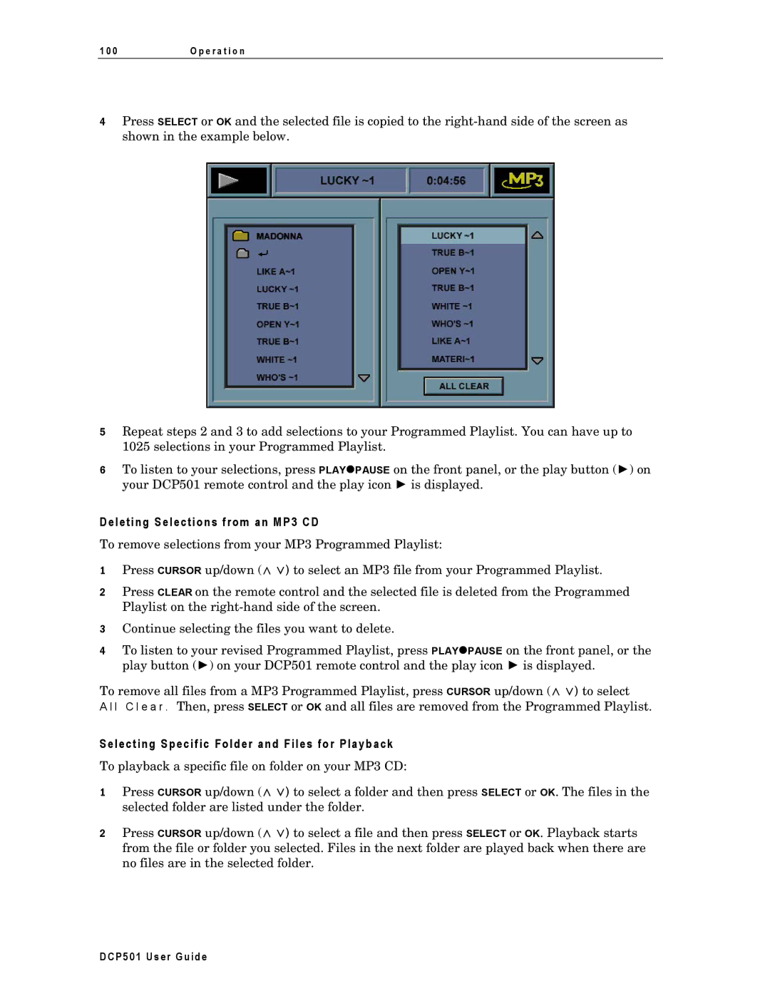 Motorola DCP501 manual Deleting Selections from an MP3 CD, Selecting Specific Folder and Files for Playback 