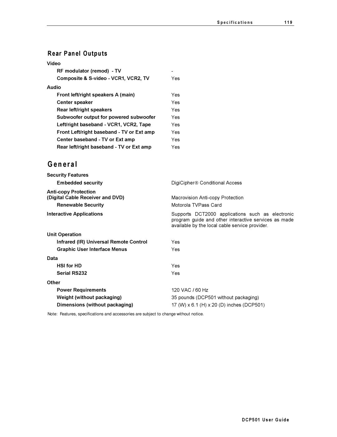 Motorola DCP501 manual N e r a l, Rear Panel Outputs 