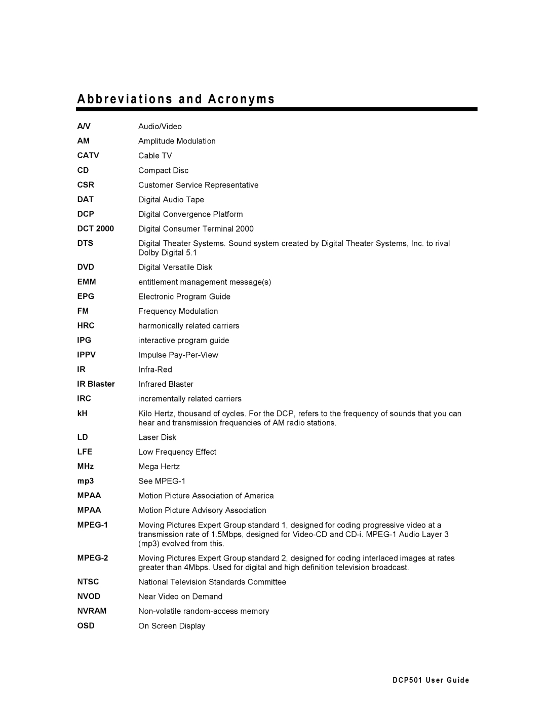 Motorola DCP501 manual Csr, Dat, Dcp, Dts, Emm, Epg, Hrc, Ipg, Ippv, Irc, Lfe, Mpaa, MPEG-1, MPEG-2, Ntsc, Nvod, Nvram, Osd 