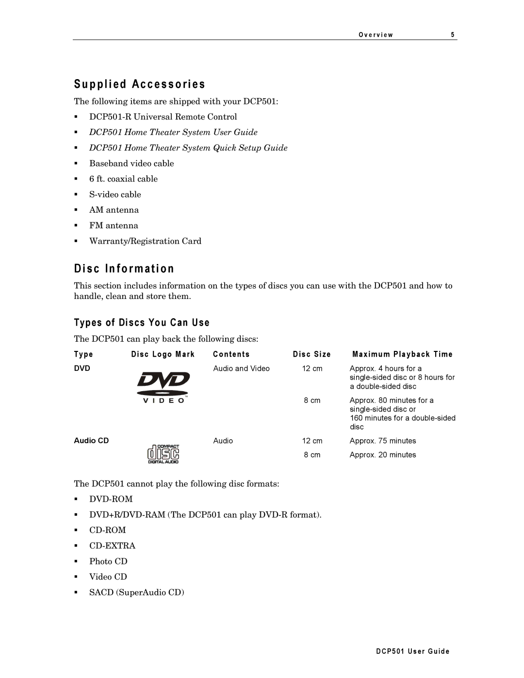 Motorola DCP501 manual P p l i ed Ac c e s so ri e s, Sc I n f o r m at i o n, Types of Discs You Can Use, Dvd, Audio CD 