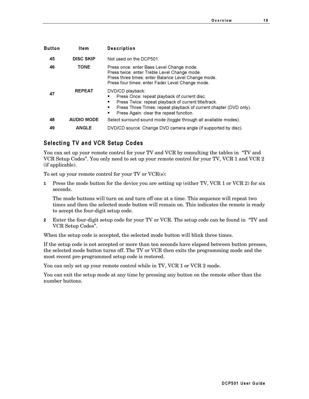 Motorola DCP501 manual Selecting TV and VCR Setup Codes, Tone, Press once enter Bass Level Change mode 