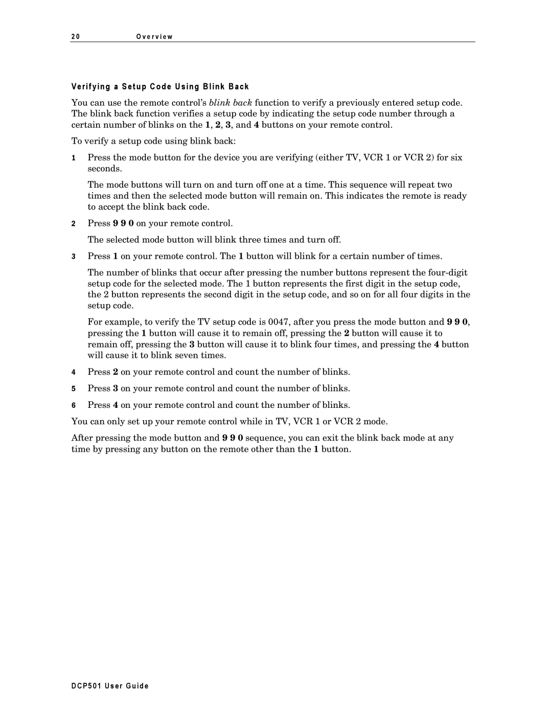 Motorola DCP501 manual Verifying a Setup Code Using Blink Back 