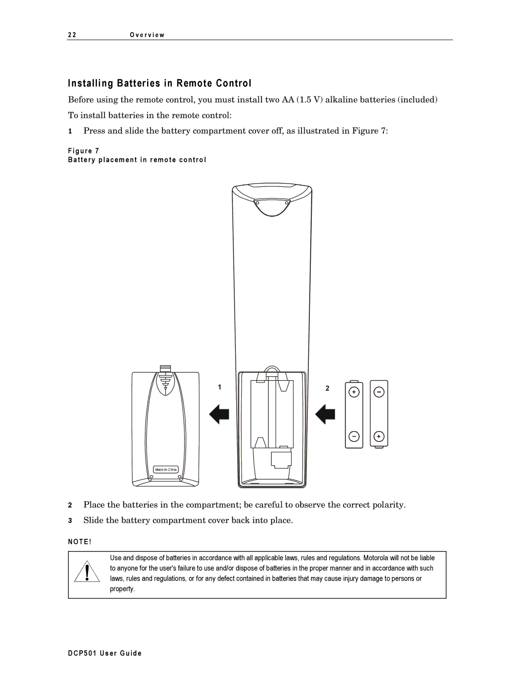 Motorola DCP501 manual Installing Batteries in Remote Control, Battery placemen t in r emo te contro l 