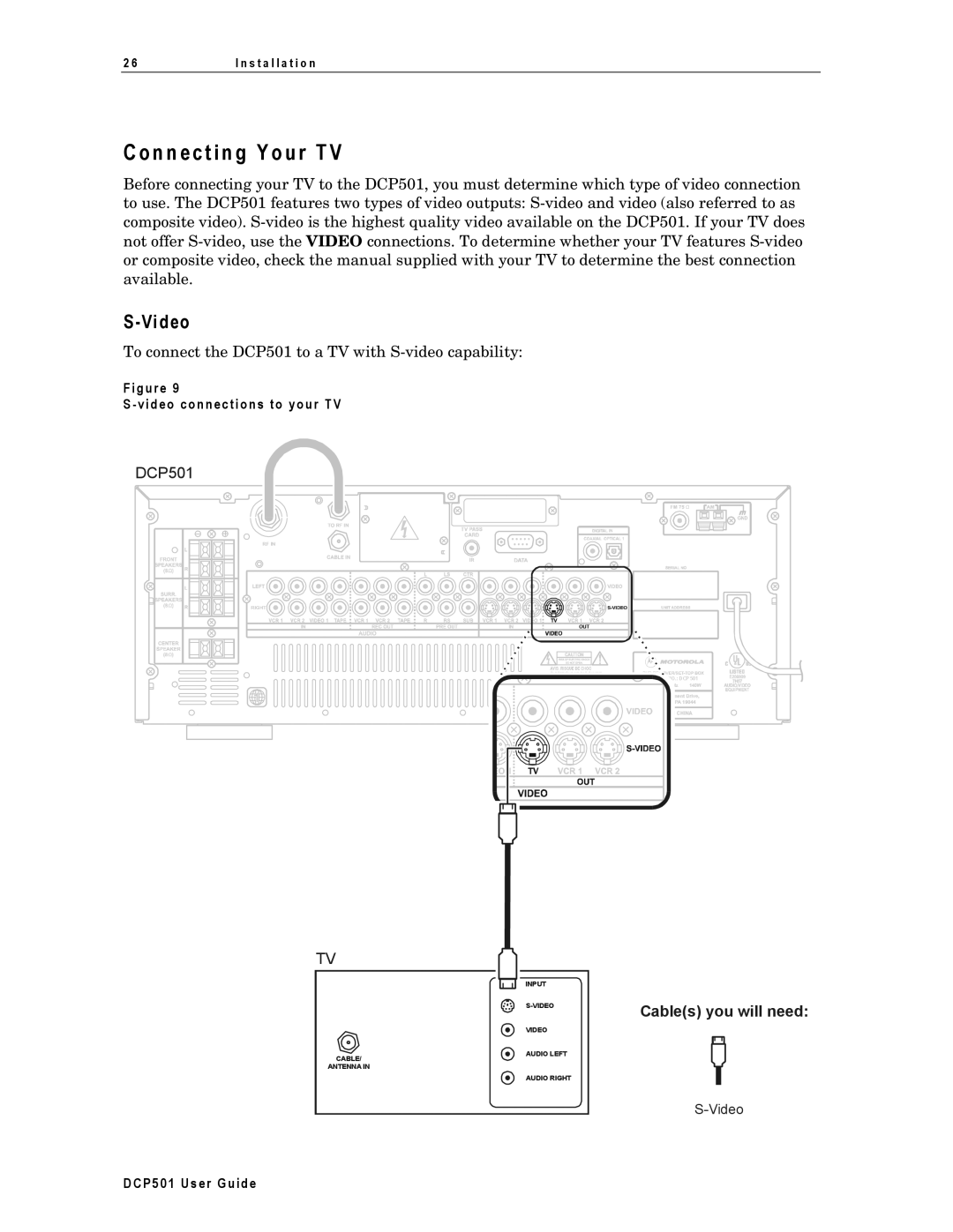 Motorola DCP501 manual N n ec t i n g Y o u r T, Video, Vid eo conn ections to you r TV 