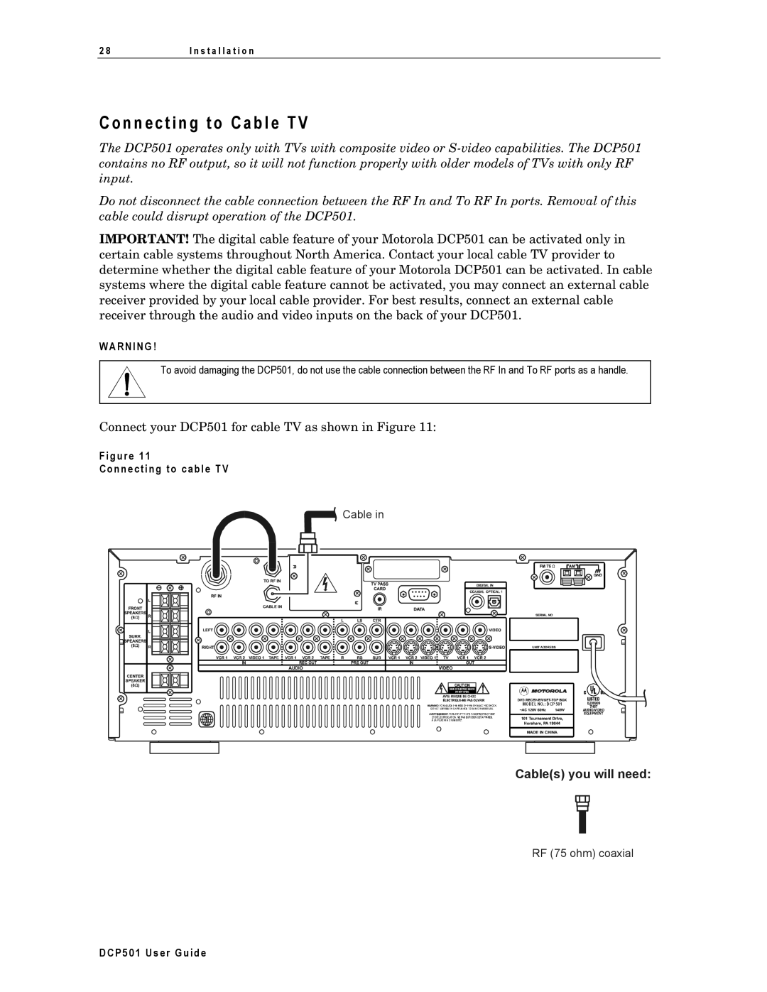 Motorola DCP501 manual N n ec t i n g t o Ca b l e T, Connecting to cab le TV 