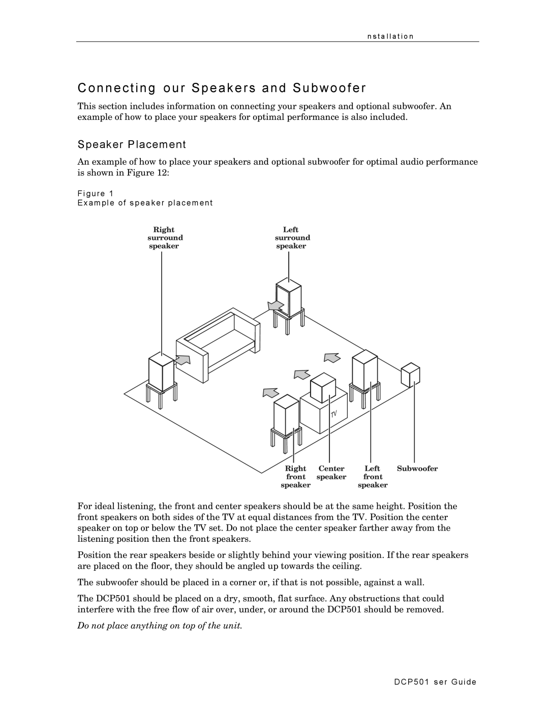 Motorola DCP501 manual Speaker Placement, Examp le of sp eaker p lacem ent 