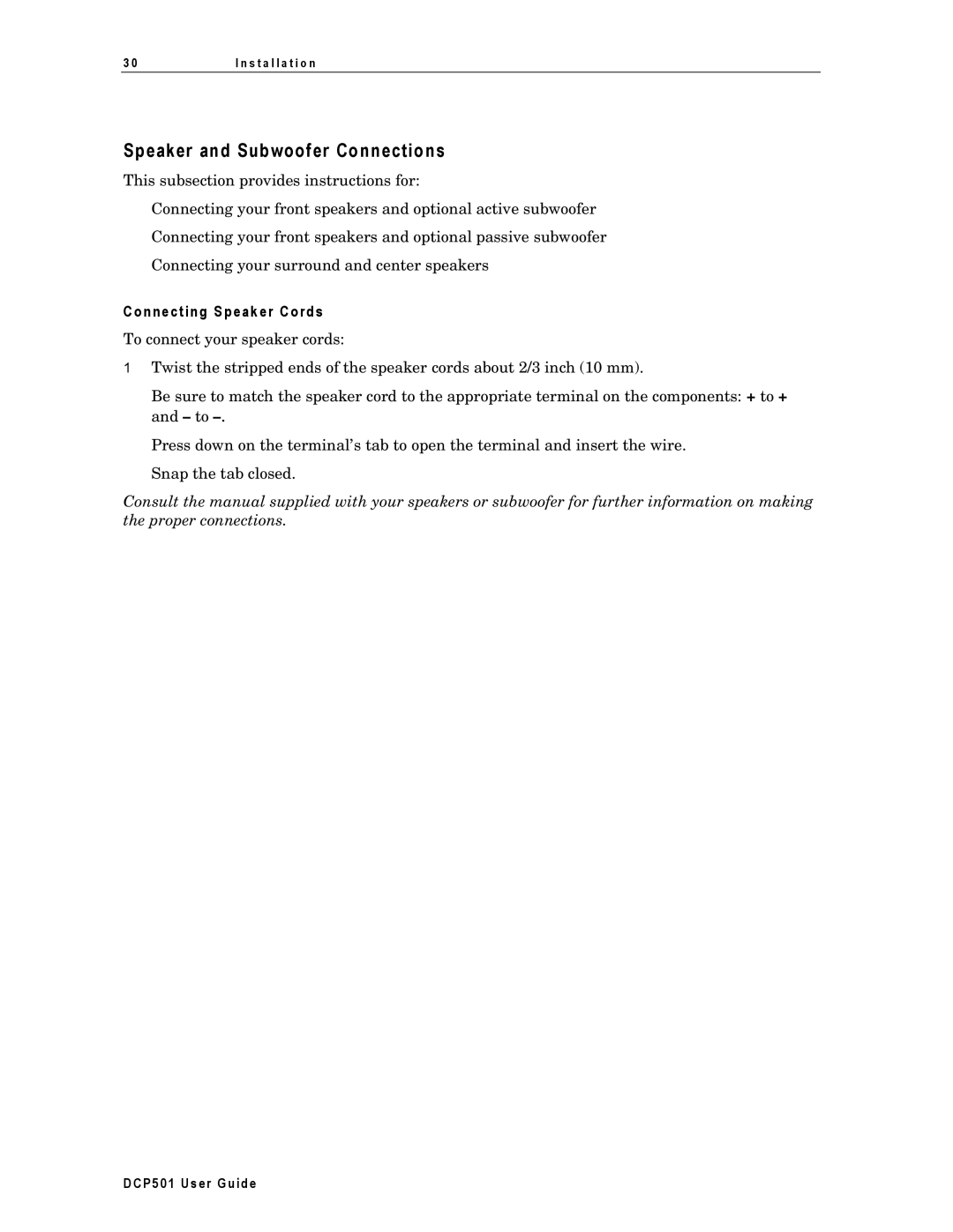 Motorola DCP501 manual Speaker and Subwoofer Connections, Connecting Speaker Cords 