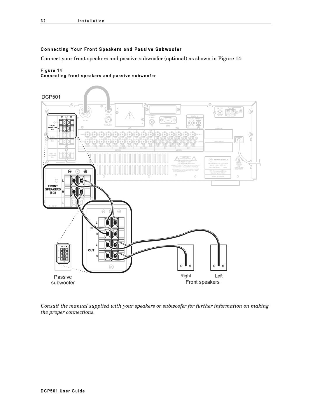 Motorola DCP501 Connecting Your Front Speakers and Passive Subwoofer, Connecting fron t speaker s and passive subwoofer 