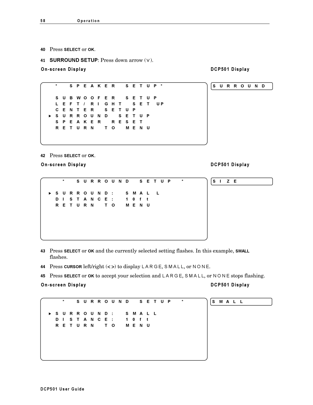 Motorola DCP501 manual Press Select or OK Surround Setup Press down arrow ∨ 