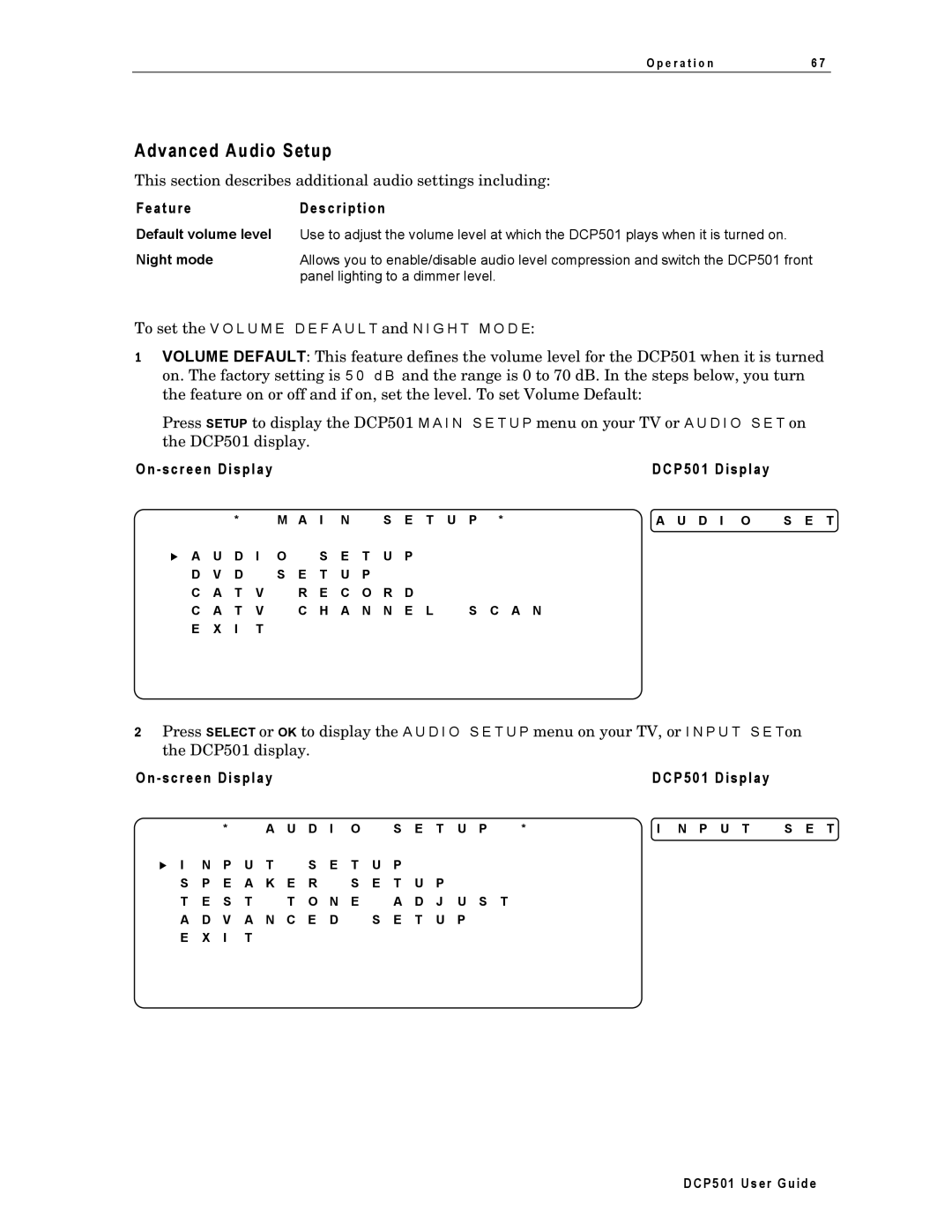 Motorola DCP501 manual Advanced Audio Setup, Feature Description, Panel lighting to a dimmer level 