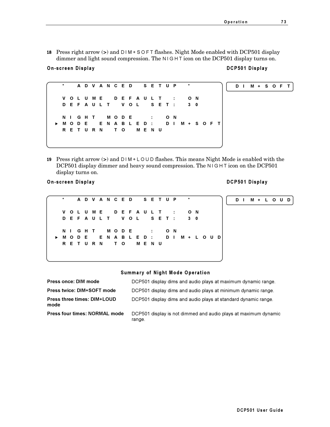 Motorola DCP501 manual Summary of Night Mode Operation, Range 