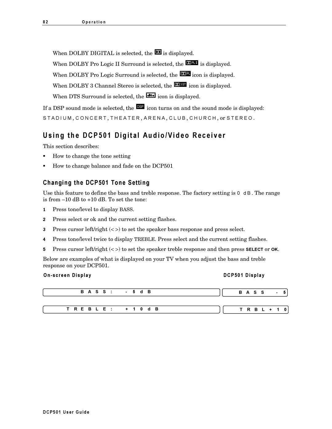 Motorola manual Changing the DCP501 Tone Setting, On screen Display DCP501 Display 