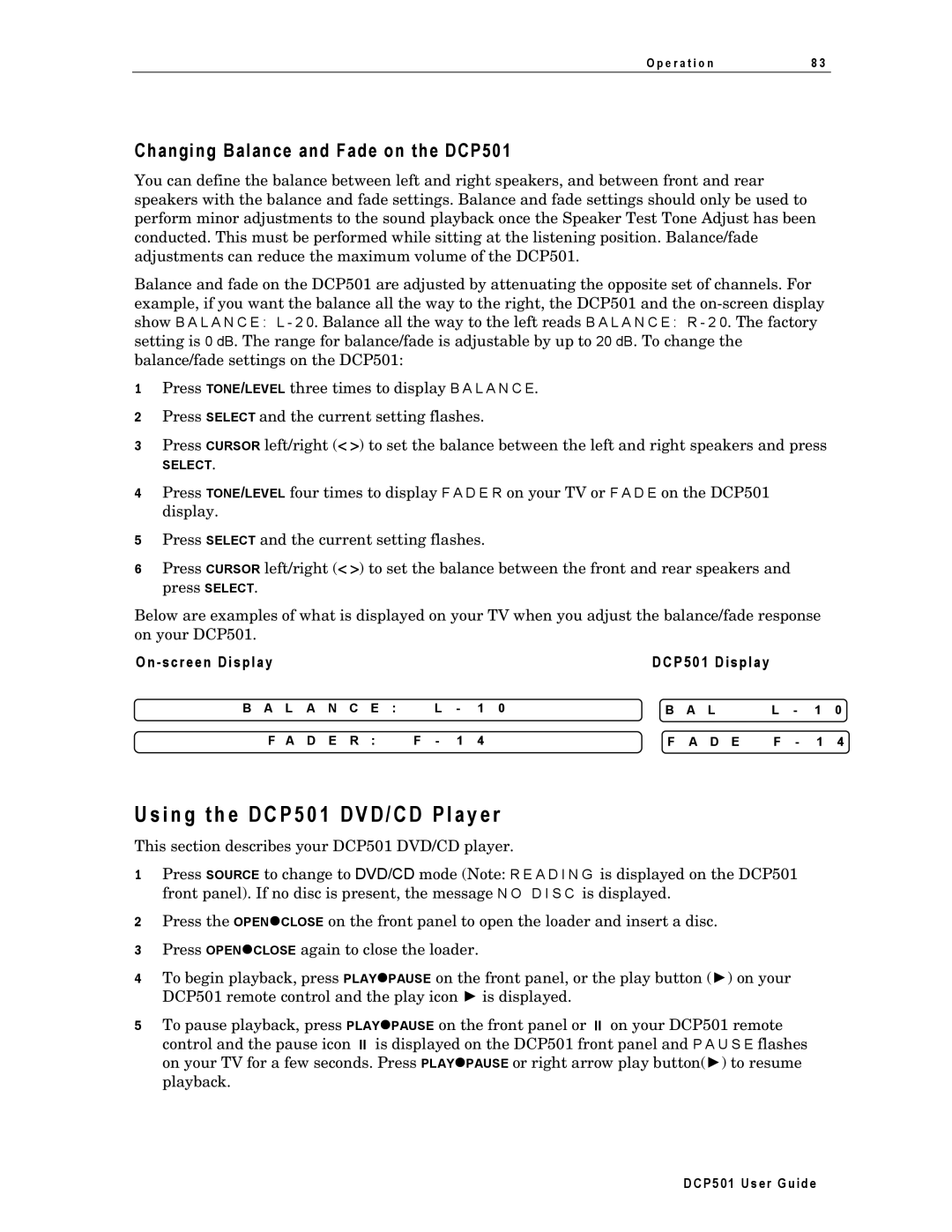 Motorola manual I n g t h e D C P 5 0 1 D V D / C D P l a y e r, Changing Balance and Fade on the DCP501 