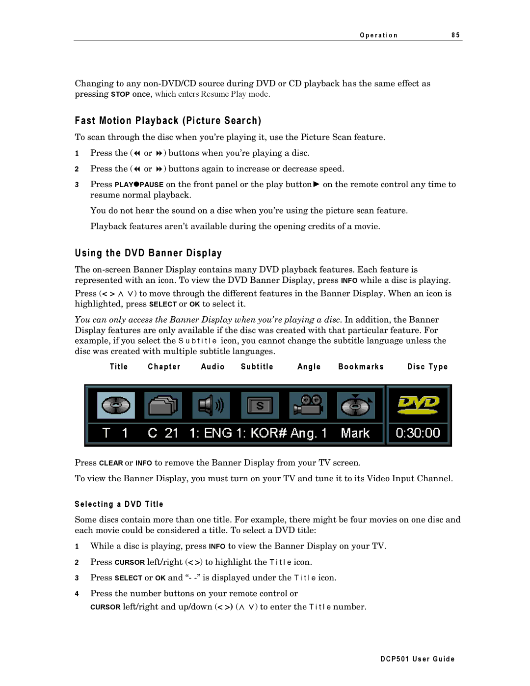 Motorola DCP501 manual Fast Motion Playback Picture Search, Using the DVD Banner Display, Selecting a DVD Title 