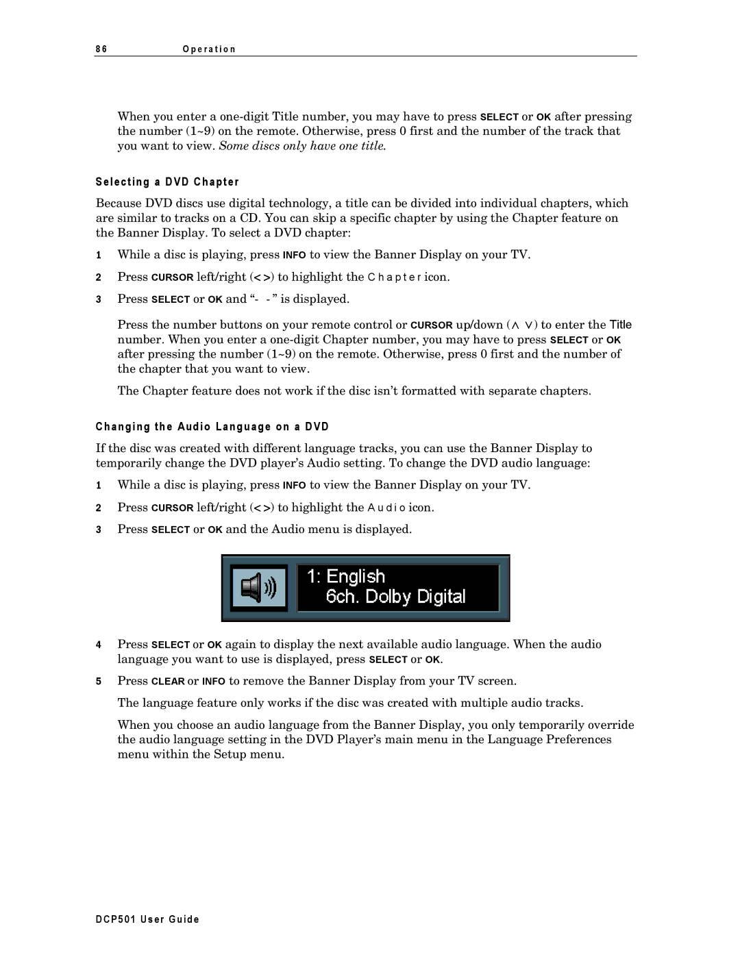 Motorola DCP501 manual Selecting a DVD Chapter, Changing the Audio Language on a DVD 