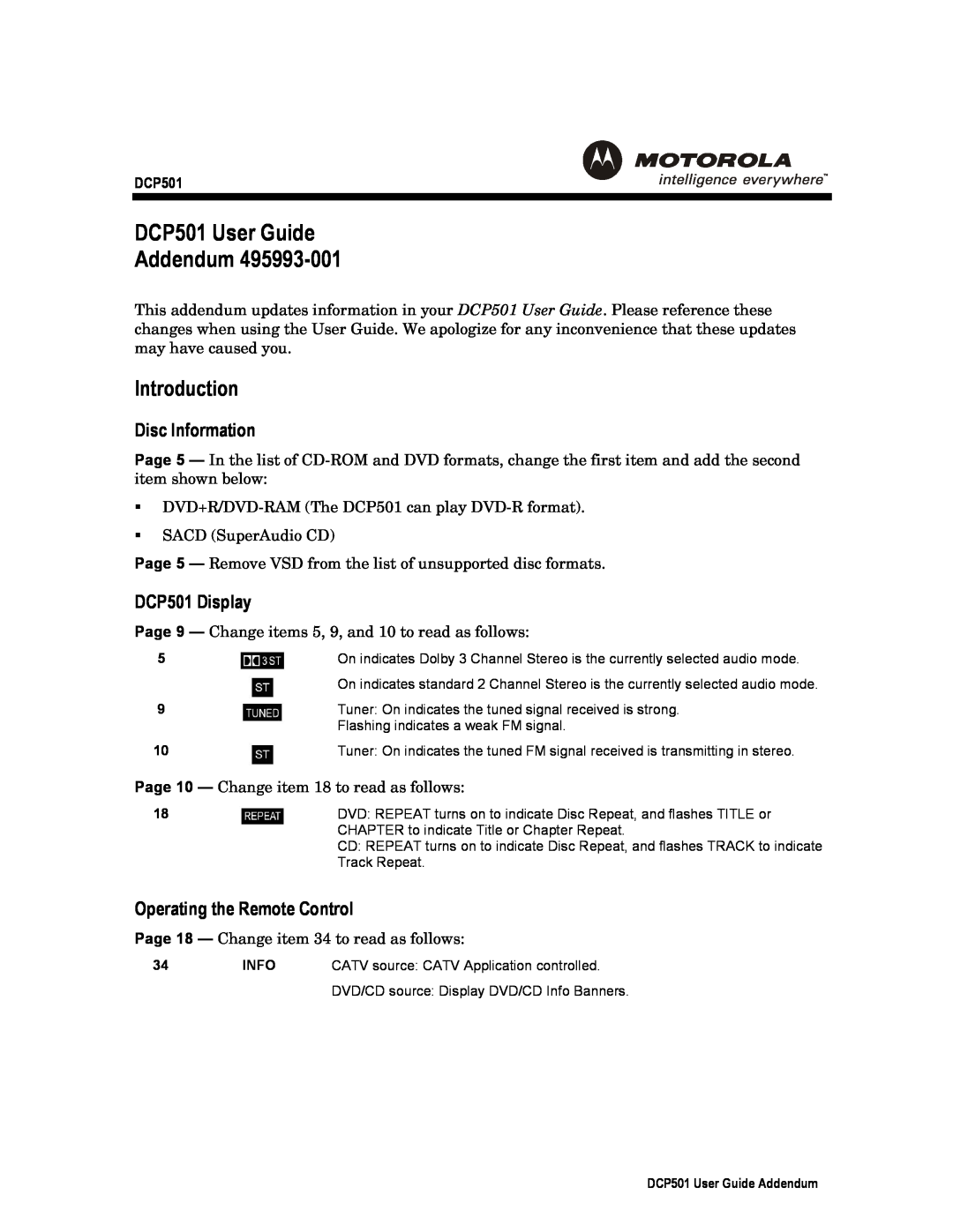 Motorola manual Introduction, Disc Information, DCP501 Display, Operating the Remote Control 