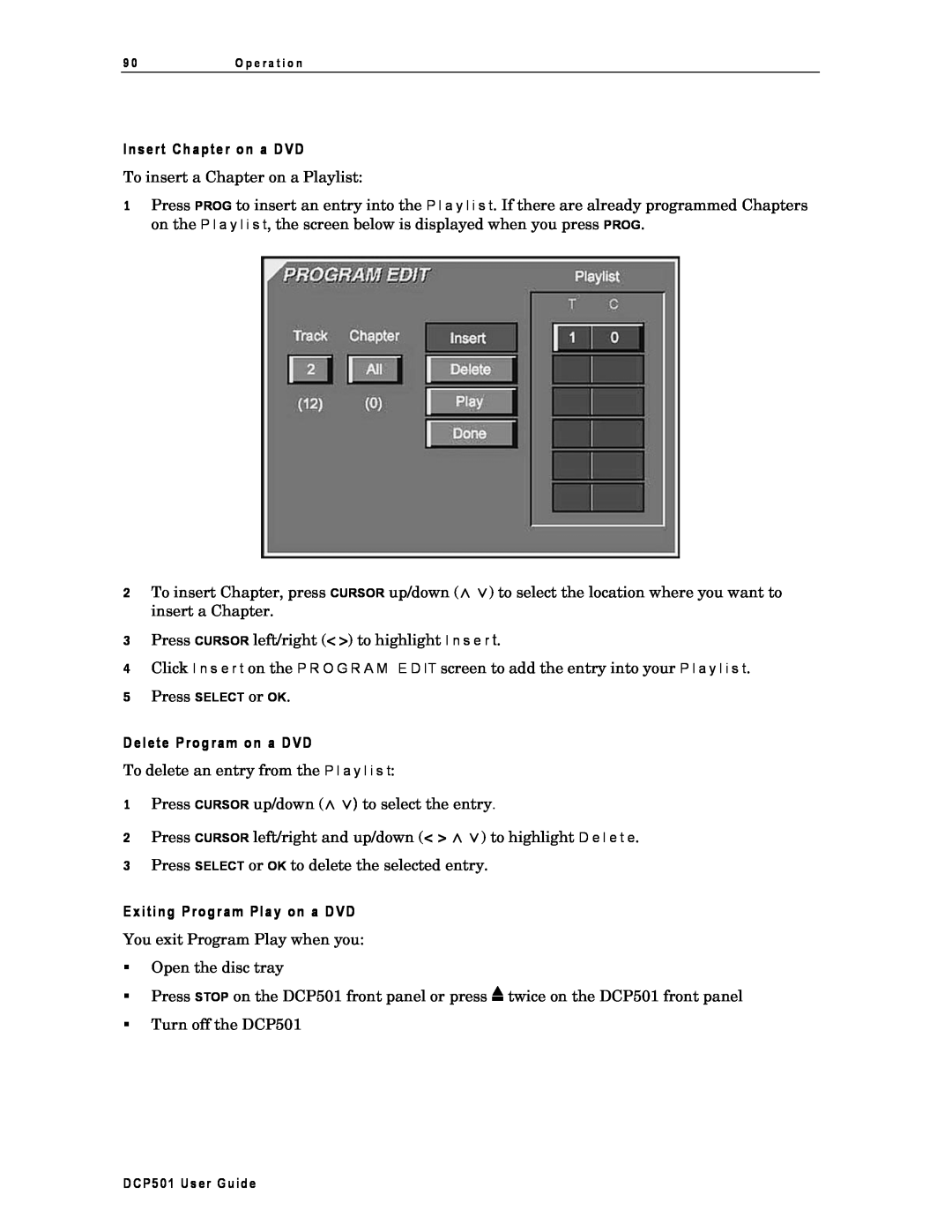 Motorola DCP501 manual Insert Chapter on a DVD, Delete Program on a DVD, Exiting Program Play on a DVD 