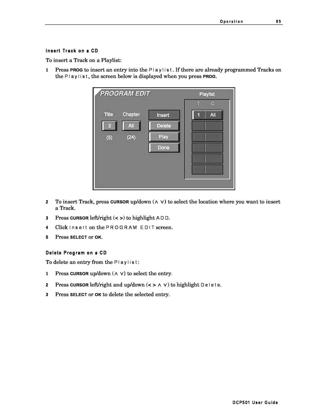 Motorola DCP501 manual Insert Track on a CD, Delete Program on a CD 