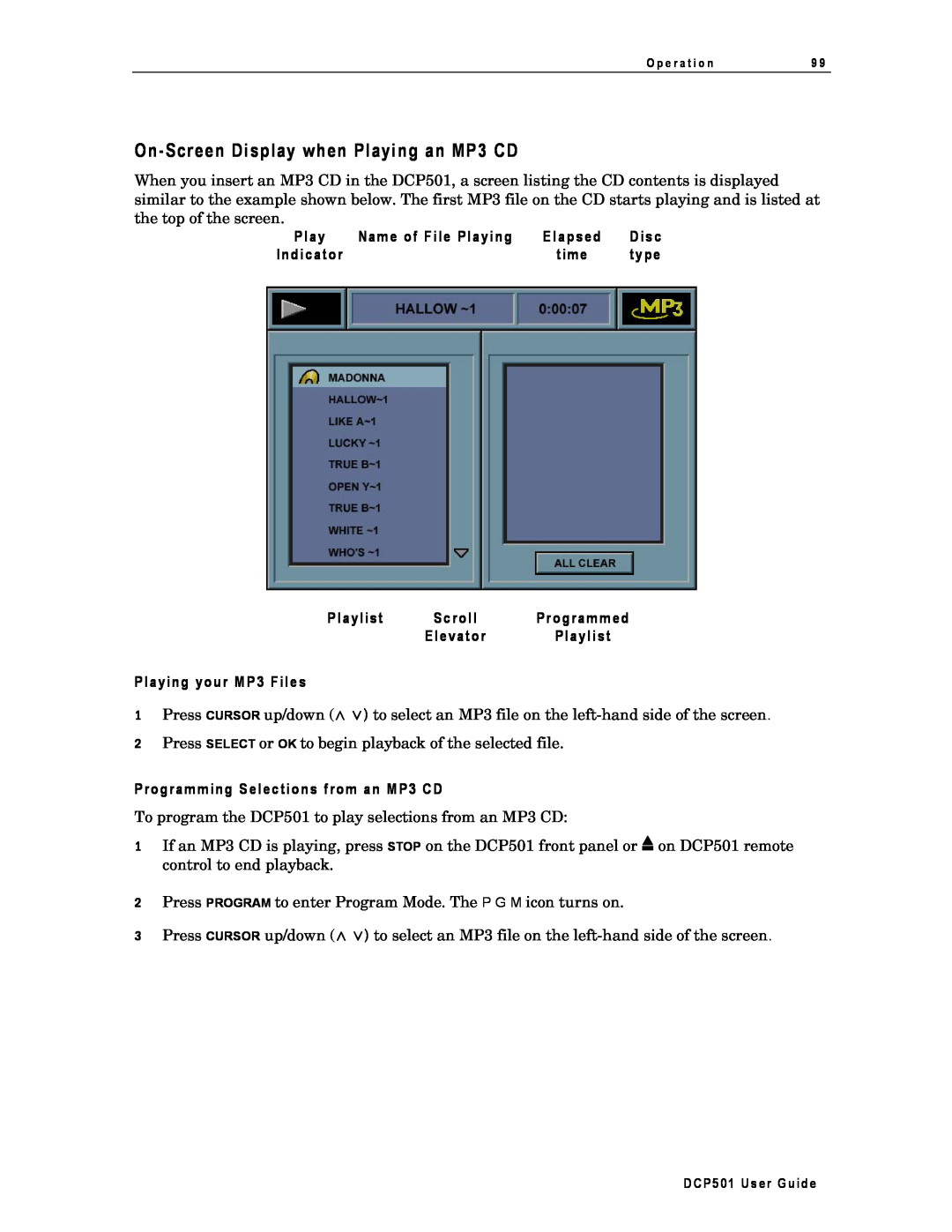 Motorola DCP501 manual On-ScreenDisplay when Playing an MP3 CD, Name of File Playing, Elapsed, Disc, Indicator, time, type 