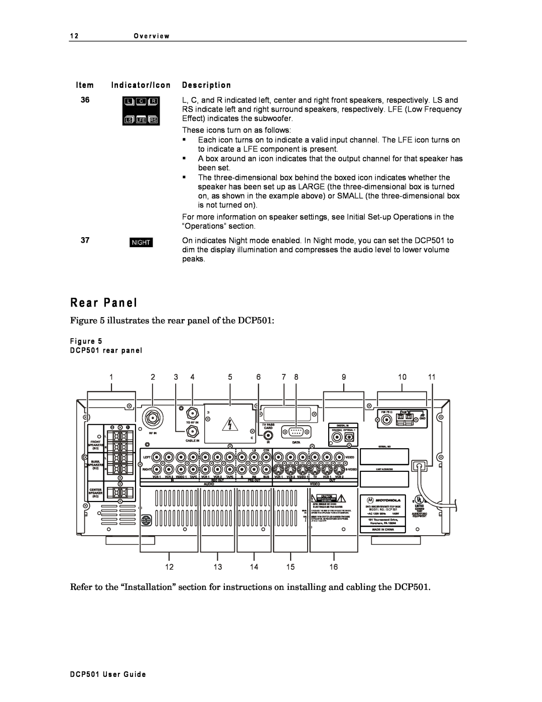Motorola manual R e a r P an el, Indicator/Icon Description, illustrates the rear panel of the DCP501 