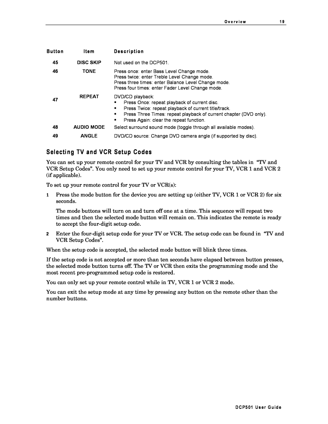 Motorola DCP501 manual Selecting TV and VCR Setup Codes, Button Item Description 