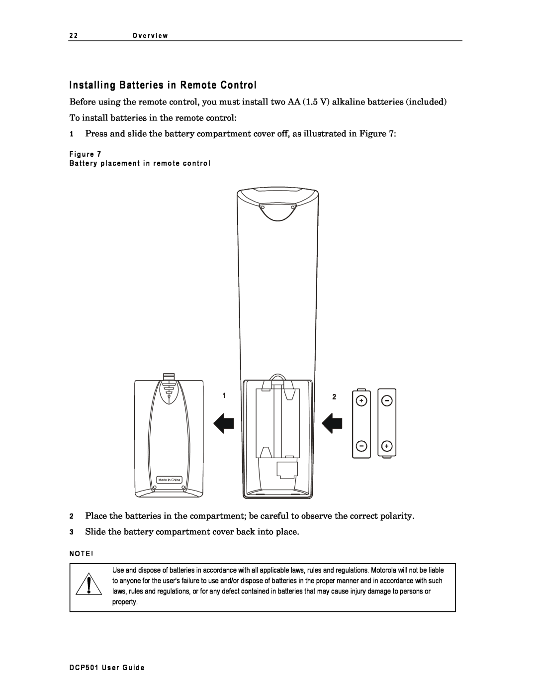 Motorola Installing Batteries in Remote Control, Figure Battery placemen t in r emo te contro l, DCP501 User Guide 